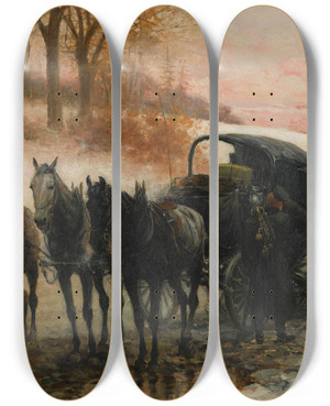 Triptych art skateboard deck of Jan Van Chelminski The Mishap by Jan Van Chelminski (1851-1925)