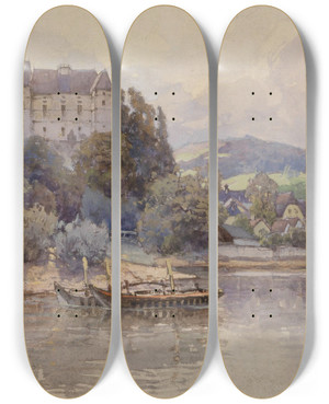 Triptych art skateboard deck of Fritz Lach Blick Auf Grein An Der Donau by Fritz Lach (1868-1933)