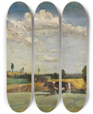 Triptych art skateboard deck of Bruno Gimpel Kleine Landschaft Mit Heuwagen by Bruno Gimpel (1886-1943)