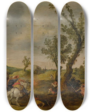 Triptych art skateboard deck of Esaias Van De Velde Soldiers Ambushing A Wagon by Esaias van de Velde (1587-1630)