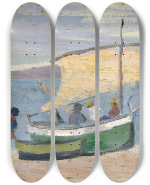 Triptych art skateboard deck of Ernst Schiess Fischerboot Am Strand by Ernst Schiess (1872-1919)