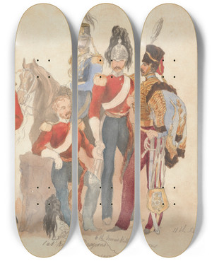 Triptych art skateboard deck of Arthur Claude Cooke English Dragoons And Hussars by Arthur Claude Cooke (1867-1951)