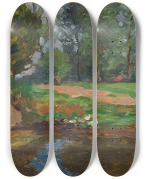 Triptych art skateboard deck of Thomas Herbst Dorflandschaft Mit Enten An Einem Weiher by Thomas Herbst (1848-1915)
