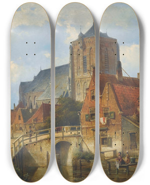 Triptych art skateboard deck of Willem Koekkoek Bythe Canal by Willem Koekkoek (1839-1885)