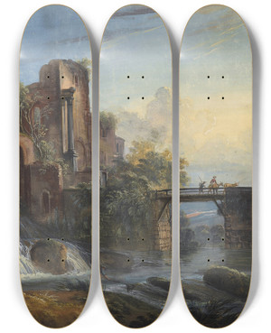 Triptych art skateboard deck of Jeanbaptiste Lallemand Dawn Landscape With Classical Ruins by Jean-Baptiste Lallemand (1716-1805)
