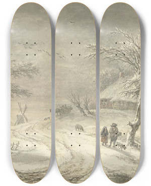 Triptych art skateboard deck of Egbert Van Drielst Wintergezicht Te Exloo Drenthe by Egbert Van Drielst (1746-1818)