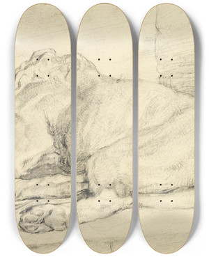 Triptych art skateboard deck of Sir Edwin Henry Landseer Reclining Lion From Back by Sir Edwin Henry Landseer (1802-1873)