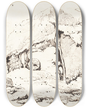 Triptych art skateboard deck of George Chinnery A Village Hut In India Recto by George Chinnery (1774-1852)