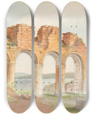 Triptych art skateboard deck of Adolph Tidemand Domkirkeruinen Hamar by Adolph Tidemand (1814-1876)
