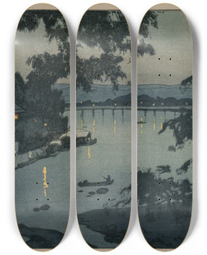 Triptych art skateboard deck of Yoshida Hiroshi Evening On The Chikugo River by Hiroshi Yoshida (1876-1950)