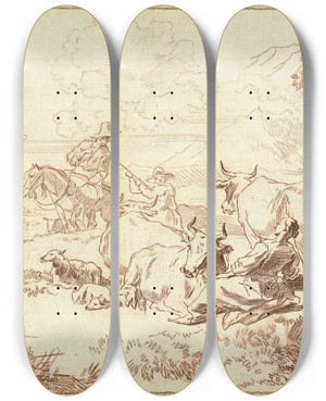Triptych art skateboard deck of Abraham Jansz Begeyn Cattle And Sheep With Shepherds And Shepherdess by Abraham Jansz Begeyn (1637-1697)