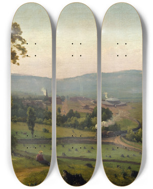 Triptych art skateboard deck of George Inness The Lackawanna Valley by George Inness (1825-1894)