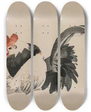 Triptych art skateboard deck of Shibata Zeshin Rooster Hen And Chicks by Shibata Zeshin (1807-1891)