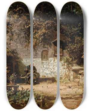Triptych art skateboard deck of Carl Spitzweg Hermitmending His Nets by Carl Spitzweg (1808-1880)