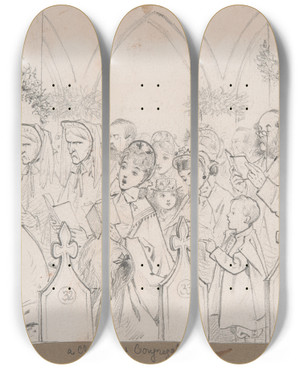 Triptych art skateboard deck of Adelaide Claxton A Christmas Congregation by Adelaide Claxton (1841-1927)