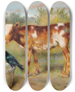 Triptych art skateboard deck of Herbert William Weekes An Unexpected Guest by Herbert William Weekes (1841-1914)