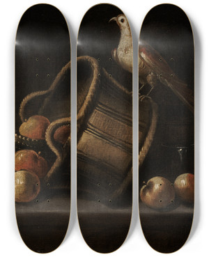 Triptych art skateboard deck of Blas De Ledesma Still Life With Fruit And Abird by Blas de Ledesma