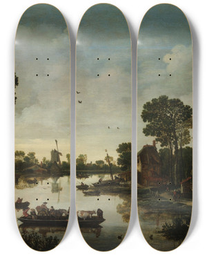 Triptych art skateboard deck of Esaias Van De Velde The Cattle Ferry by Esaias van de Velde (1587-1630)