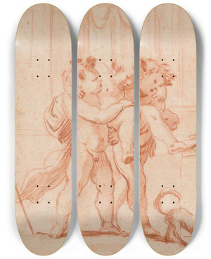 Triptych art skateboard deck of Giulio Carpioni Two Putti Carrying A Third Putto Another Putto From Therear by Giulio Carpioni (1613-1678)