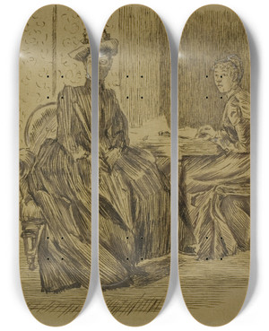 Triptych art skateboard deck of Charles Samuel Keene At The Employment Office by Charles Samuel Keene (1823-1891)