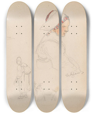 Triptych art skateboard deck of Adolph Tidemand Figurstudier Leksand by Adolph Tidemand (1814-1876)