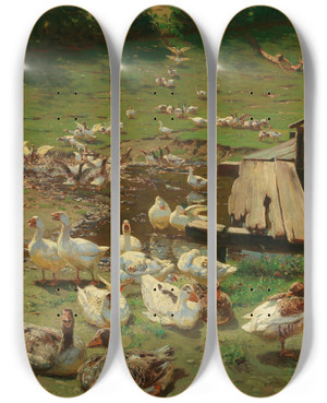 Triptych art skateboard deck of Adolf Lins A Summer Day Geese By A Pond by Adolf Lins (1856-1927)