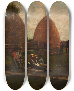 Triptych art skateboard deck of Winslow Homer Haystacks And Children by Winslow Homer (1836-1910)