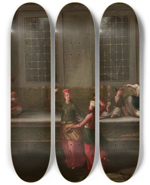 Triptych art skateboard deck of Jean Baptiste Vanmour Danse Dans Le Harem by Jean Baptiste Vanmour (1671-1737)