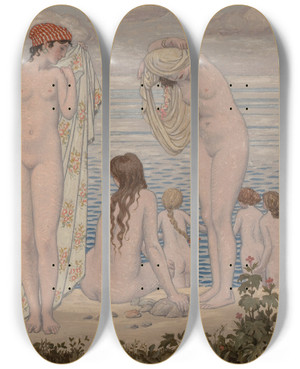 Triptych art skateboard deck of Bryson Burroughs The Bathers by Bryson Burroughs (1869-1934)