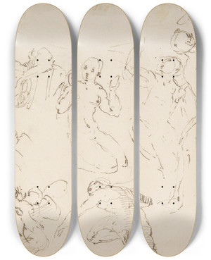 Triptych art skateboard deck of Francesco Curia Standing And Kneeling Figures And Studies Of Flying Putti by Francesco Curia (1538-1610)