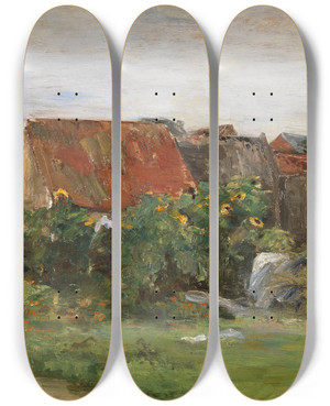 Triptych art skateboard deck of Max Liebermann Dorfhuser Mit Sonnenblumen by Max Liebermann (1847-1935)
