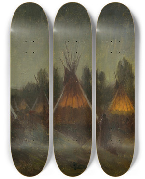 Triptych art skateboard deck of Joseph Henry Sharp Shadows In The Night by Joseph Henry Sharp (1859-1953)
