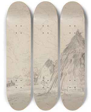 Triptych art skateboard deck of Constant Troyon Landscape With Haystacks by Constant Troyon (1810-1865)