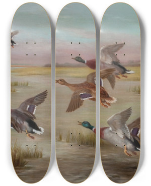 Triptych art skateboard deck of Edgar Hunt Ducks In Flight_2 by Edgar Hunt (1876-1953)