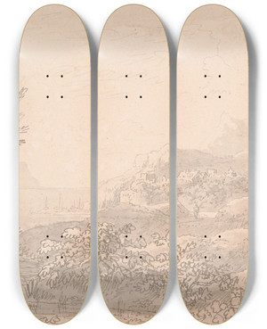 Triptych art skateboard deck of Anthony Devis Estuary With Castle And Village by Anthony Devis (1729-1816)
