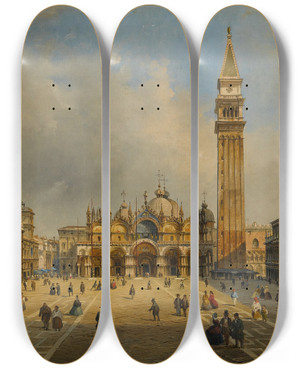 Triptych art skateboard deck of Luigi Querena Venice A View Of St Marks Square by Luigi Querena (1820-1887)
