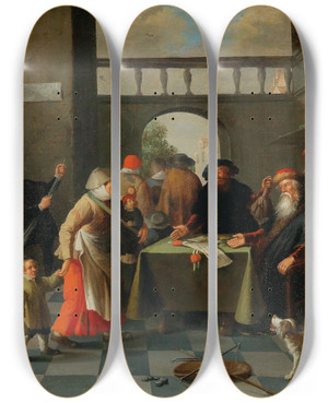 Triptych art skateboard deck of Joost Cornelisz Droochsloot The Peasant Lawyer by Joost Cornelisz Droochsloot (1586-1666)