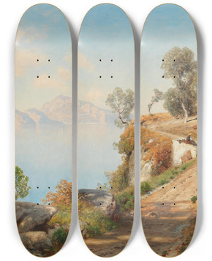 Triptych art skateboard deck of Ascan Lutteroth View Of Capri by Ascan Lutteroth (1842-1923)