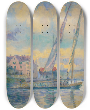 Triptych art skateboard deck of Albert Lebourg Les Bords Du Lac De Gneve Saintgingolph by Albert Lebourg (1849-1928)