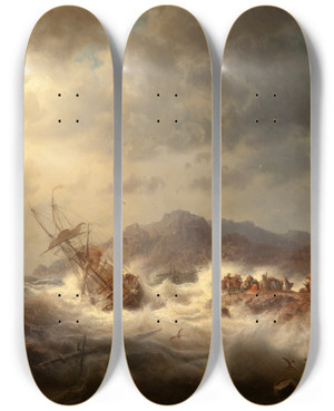 Triptych art skateboard deck of Marcus Larson Shipwreck by Marcus Larson (1825-1864)