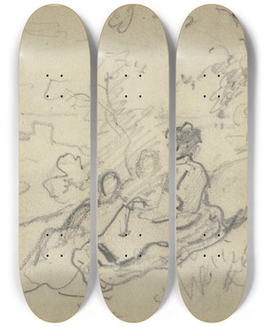 Triptych art skateboard deck of Philipp Rumpf Gruppe Im Freien Lagernd by Philipp Rumpf (1821-1896)