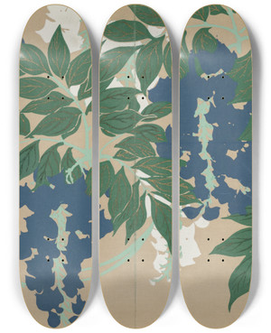 Triptych art skateboard deck of Kamisaka Sekka Wisteria Fuji by Kamisaka Sekka (1866-1942)