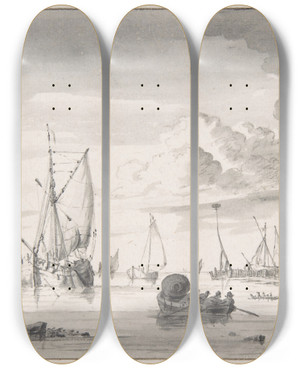 Triptych art skateboard deck of Wigerus Vitringa Various Ships And A Rowing Boat On An Estuary by Wigerus Vitringa (1657-1725)