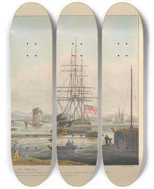 Triptych art skateboard deck of Edward Duncan Whampoa In China by Edward Duncan (1803-1882)
