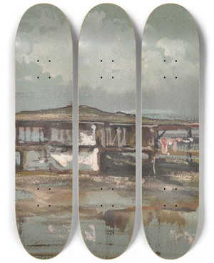 Triptych art skateboard deck of Alexandregabriel Decamps A House In Turkey_1 by Alexandre-Gabriel Decamps (1803-1860)