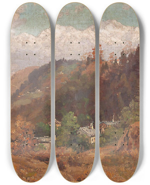 Triptych art skateboard deck of Carl Wuttke Hgellandschaft In Westbengalen by Carl Wuttke (1849-1927)