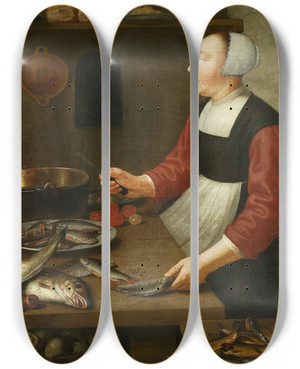 Triptych art skateboard deck of Floris Van Schooten Kitchen Interior by Floris Van Schooten (1590-1655)