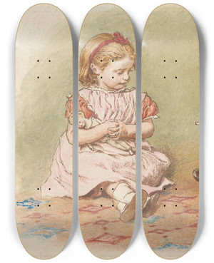 Triptych art skateboard deck of Robert Barnes Two Girls Playing by Robert Barnes (1840-1895)