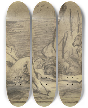 Triptych art skateboard deck of Wilhelm Trbner Vom Wein Berwltigter Junger Mann Bei Dem Zwei Hunde Wache Halten by Wilhelm Trubner (1851-1917)