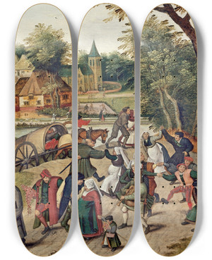 Triptych art skateboard deck of Pieter Brueghel The Younger Return From The Kermesse_2 by Pieter Brueghel The Younger (1565-1636)